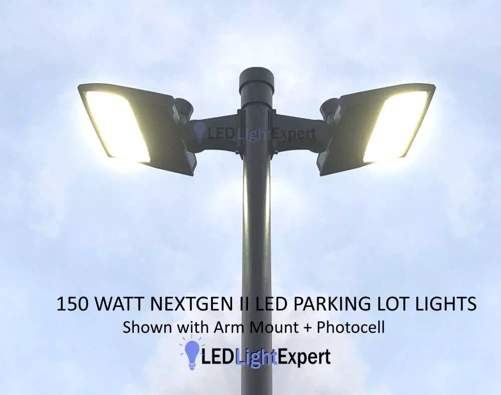 Direct arm mount with 150 watt LED parking lot light installed on pole