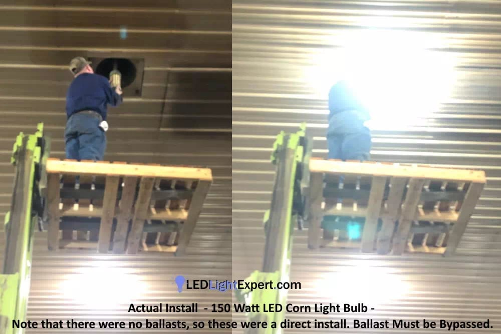 150 watt LED corn light bulb installed at a warehouse &mdash; Title 24 compliant high-efficiency retrofit