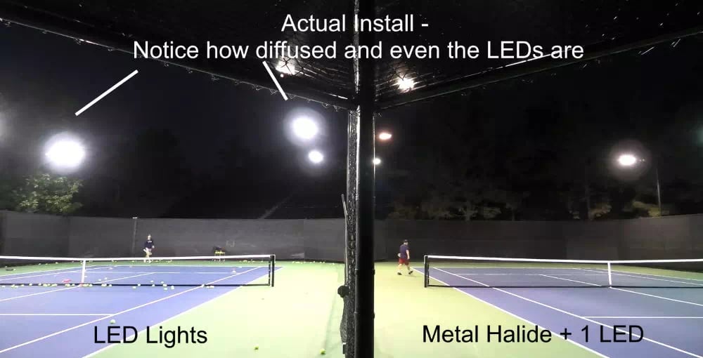 1000 watt metal halides vs LED tennis court lights side by side comparison