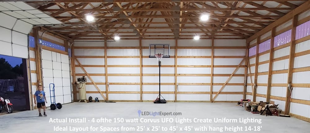 LED shop light layout showing 4 of the 150 watt UFO lights installation