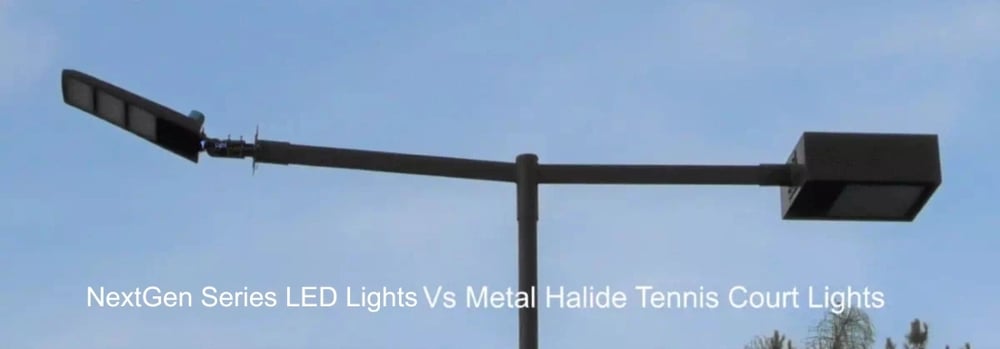 Close-up of NextGen LED luminaire with 78-136 bracket vs old metal halide fixture