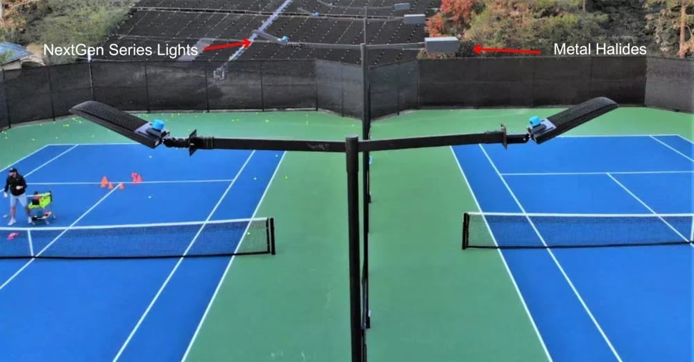 NextGen Series LED tennis court lights vs metal halides side by side comparison