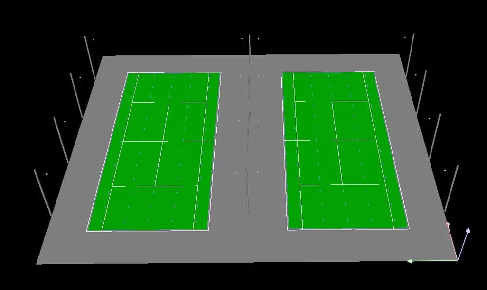Photometric computer study showing light angles for tennis court LED installation