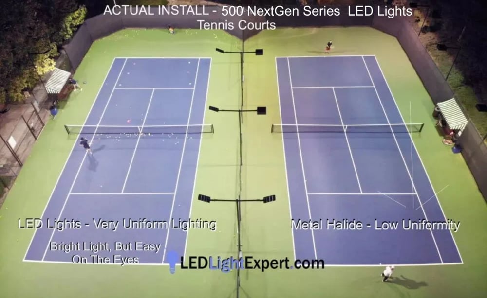 1000 watt metal halide vs NextGen Series LED lights at tennis court installation