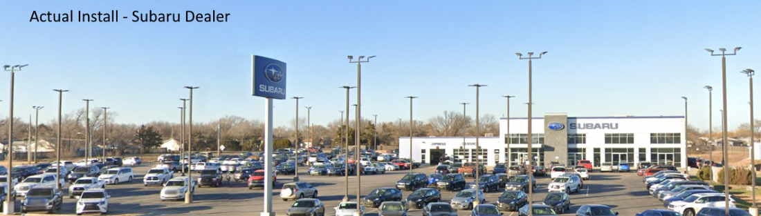 LED parking lot lights installed on poles &mdash; outdoor Title 24 compliant fixture with photocell and motion sensor
