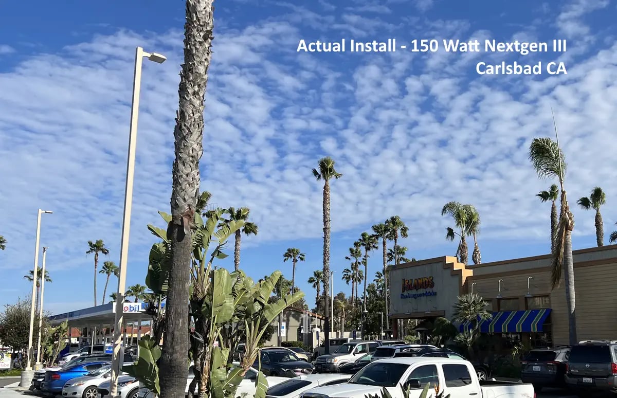 150 watt white NextGen parking lot lights at Islands Restaurant Carlsbad