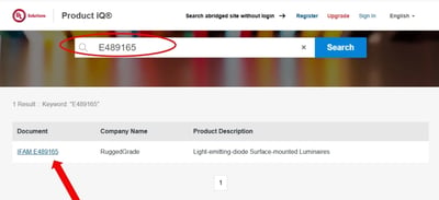 UL Product iQ detailed file record showing company name categories and active status