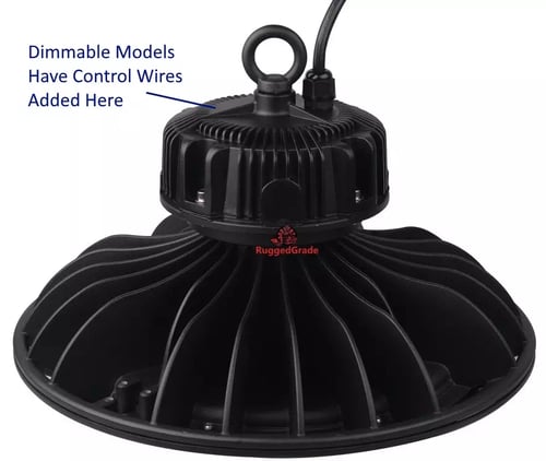 UFO LED high bay fixture with 0-10V dimming connection wires visible