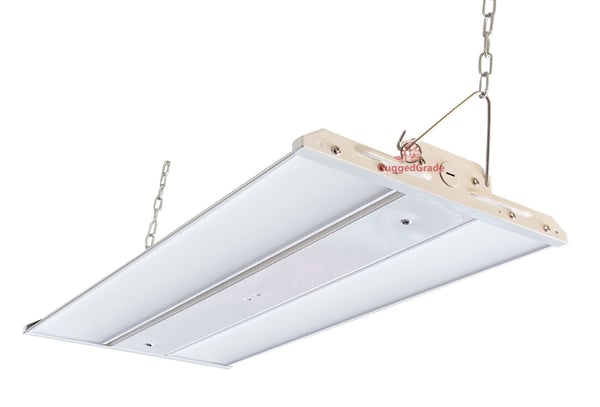 LED linear high bay lights installed in a warehouse