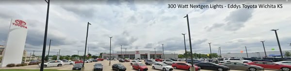 300 watt LED parking lot lights installed at car dealership