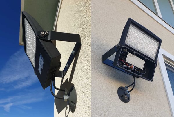 Trunnion mount LED flood light installed outdoors