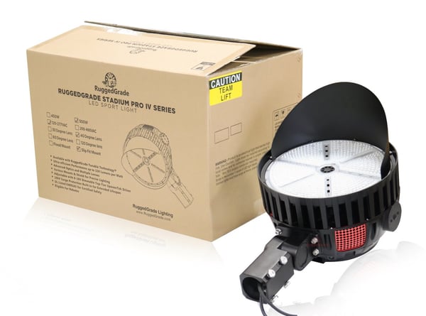 500W StadiumPro IV LED stadium light showing slip fit mount with wiring exposed