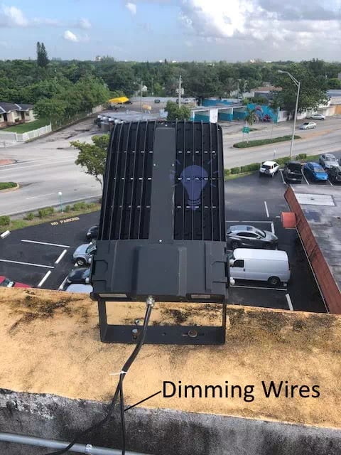 LED flood light fixture showing 0-10V dimming wires &mdash; purple positive and gray negative leads