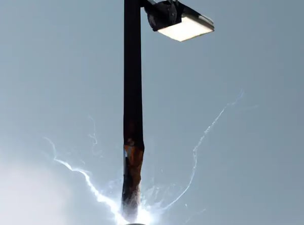 a lightning strike setting fire to a light pole