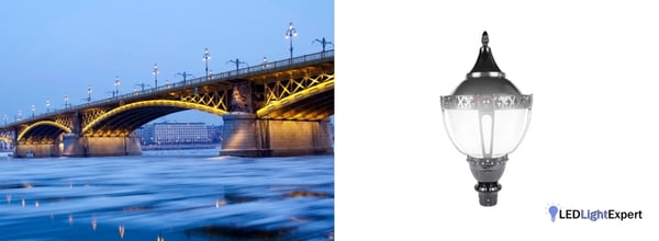 Marcenti Series LED post top lights installed on a bridge