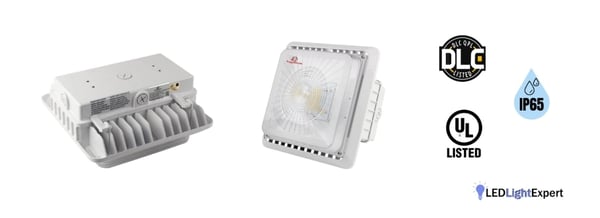 DLC-certified LED canopy fixtures rated for outdoor weather performance