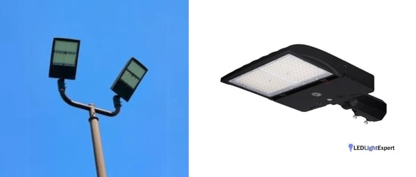 Commercial LED flood lights installed on outdoor building exterior with surge protection