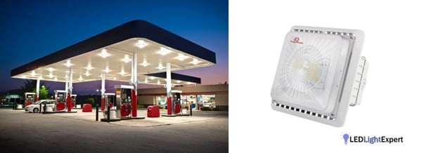 LED canopy lights illuminating a gas station fueling bay at night