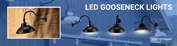 LED gooseneck lights mounted over exterior wall and sign area