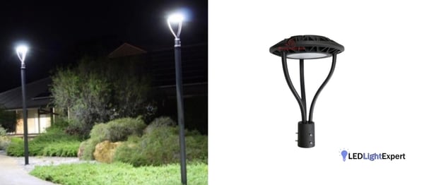 LED post top lights along a bridge walkway