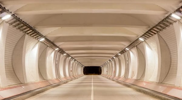 LED tunnel lights installed in a modern road tunnel