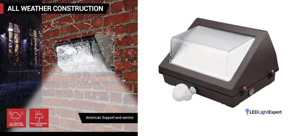 LED wall light with integrated motion sensor mounted outdoors