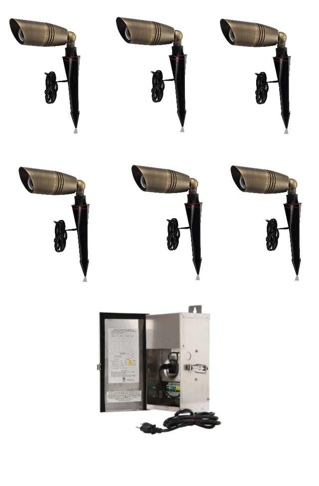 6 Pack-Lyla Series - LED Landscape Spot Light Kit | 150W Tengara Series Transformer Included, 5W LED MR16 Bulb Included, 12v DC Low Voltage Lights, Solid Brass