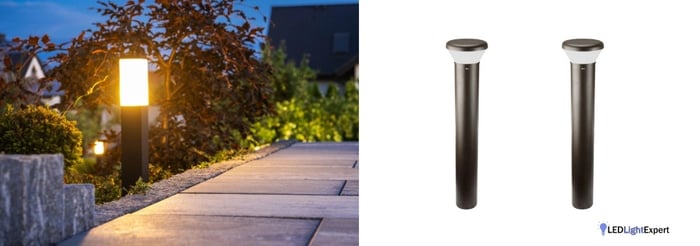 Commercial LED bollard lights installed along a walkway at a commercial property