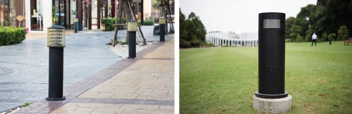 Examples of different commercial LED bollard light styles installed outdoors