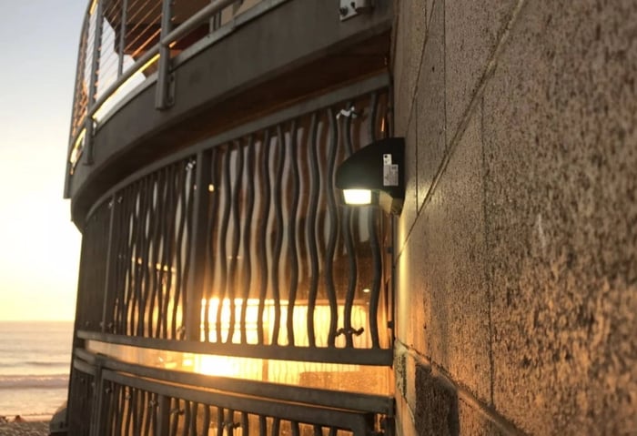 LED adjustable wall lights installed on a commercial building exterior