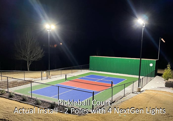 LED pole and light combo kits installed on a pickleball court