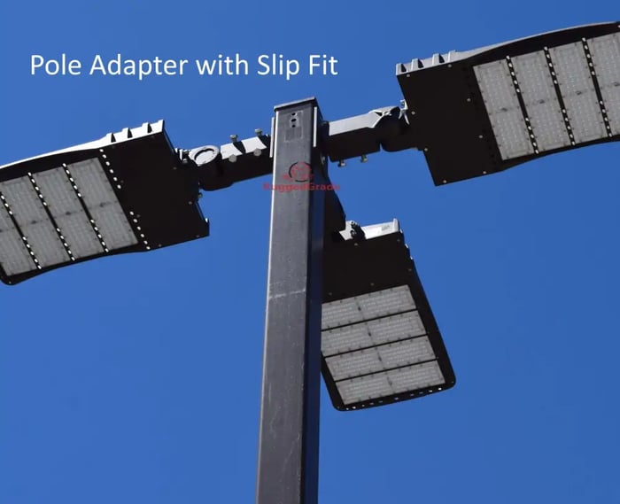 Slip fit mount adapter installed on pole with 300 watt LED parking lot light