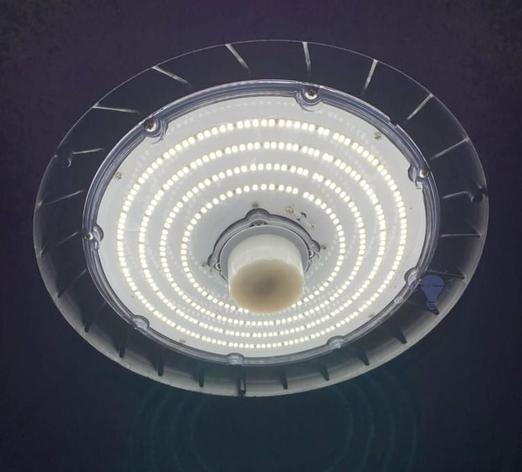 150W LED high bay UFO fixture installed in warehouse, direct 400W metal halide replacement with 20,000 lumen output
