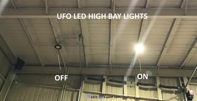 LED UFO high bay lights installed in warehouse