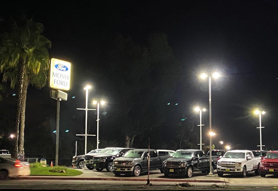 Close-up of NextGen II LED parking lot light at Mossy Truck Store