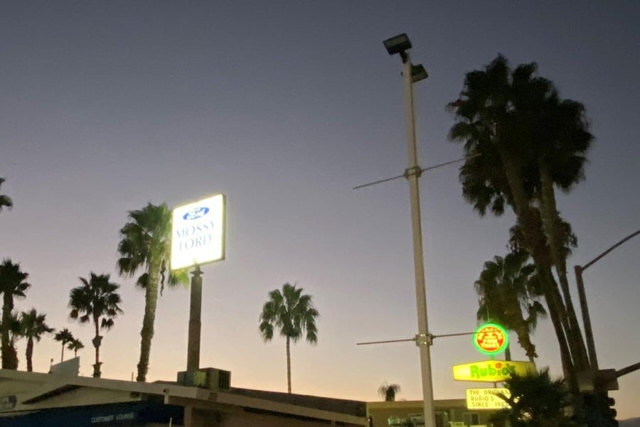 LED parking lot lights installed at Mossy Truck Store facing north