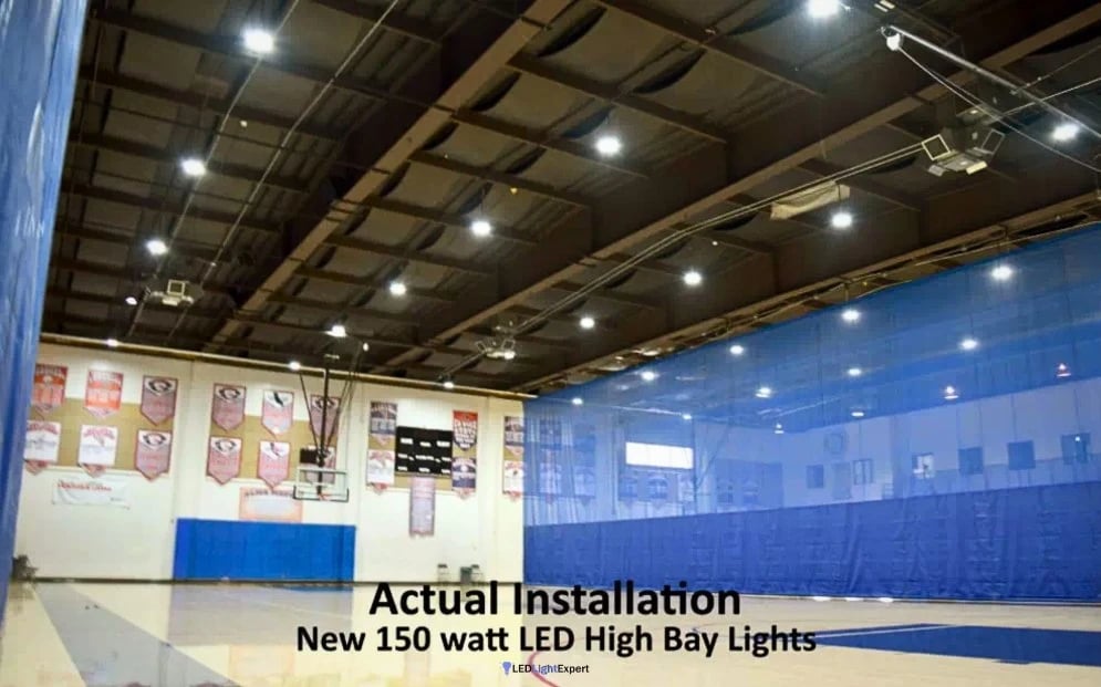 LED high bay lights 150 watt installed in an industrial facility meeting Title 24 lighting power density requirements