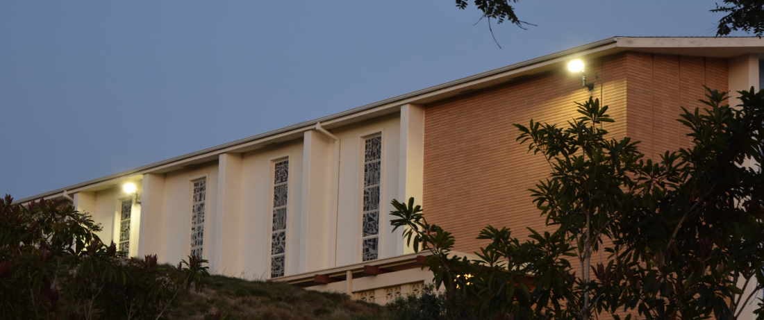 Church with new LED wall lights at dusk &mdash; Our Lady of Fatima
