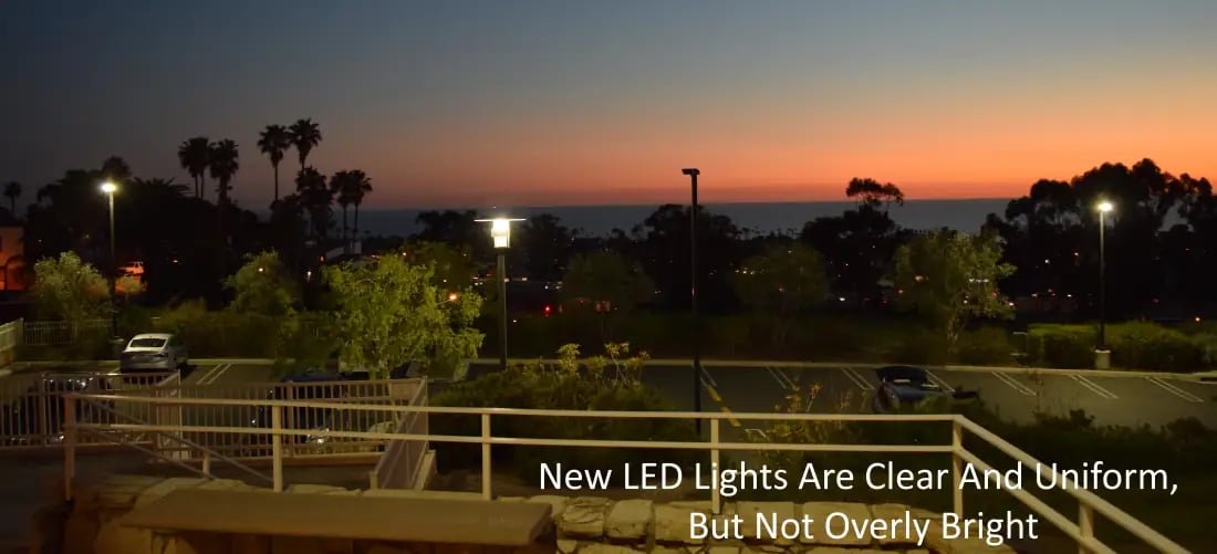 New LED parking lot lights showing clear uniform coverage &mdash; not too bright